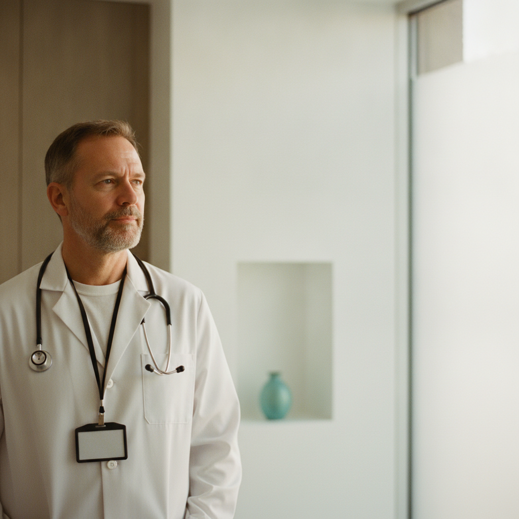 A physician in a white coat in a quiet, thoughtful moment by a clinic window