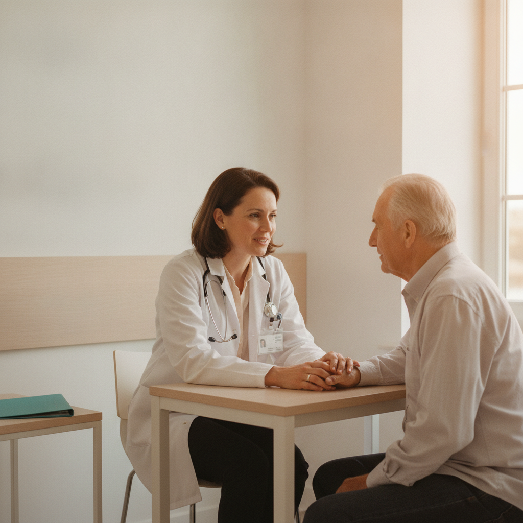 A physician in a white coat leaning in with warmth toward an older patient in a bright consult room